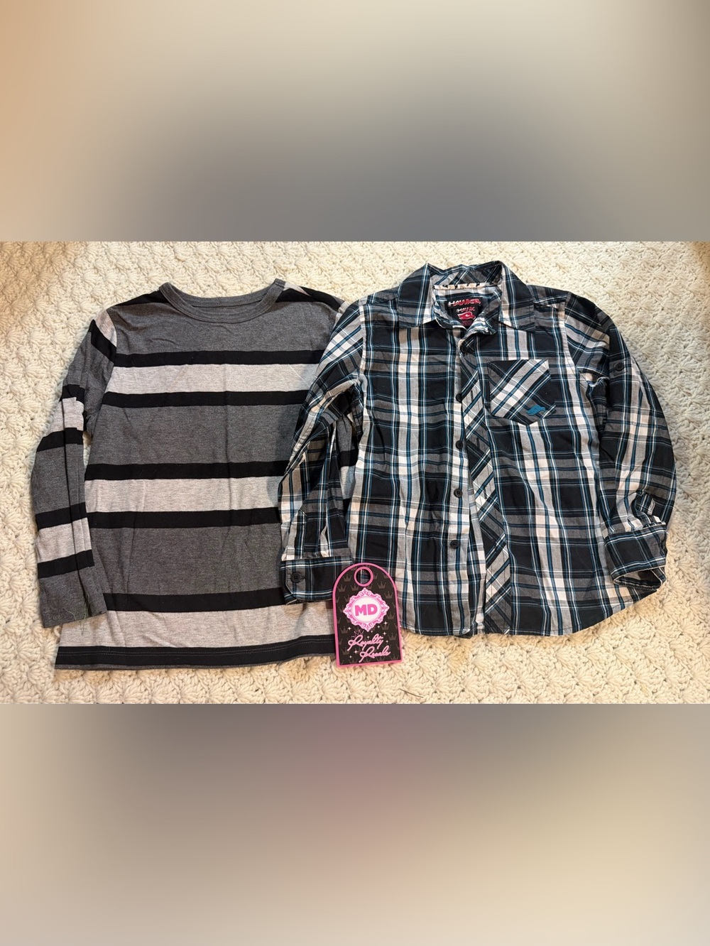 Grey Stripe Long Sleeve Tee & Black Plaid Button-Up Shirt Set - MD